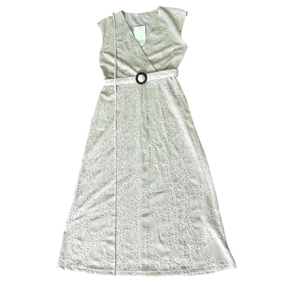 Zara Rustic Midi Dress Ecru Beige | V-Neck Wrap | Belted Floral Jacquard Size M - Picture 12 of 13